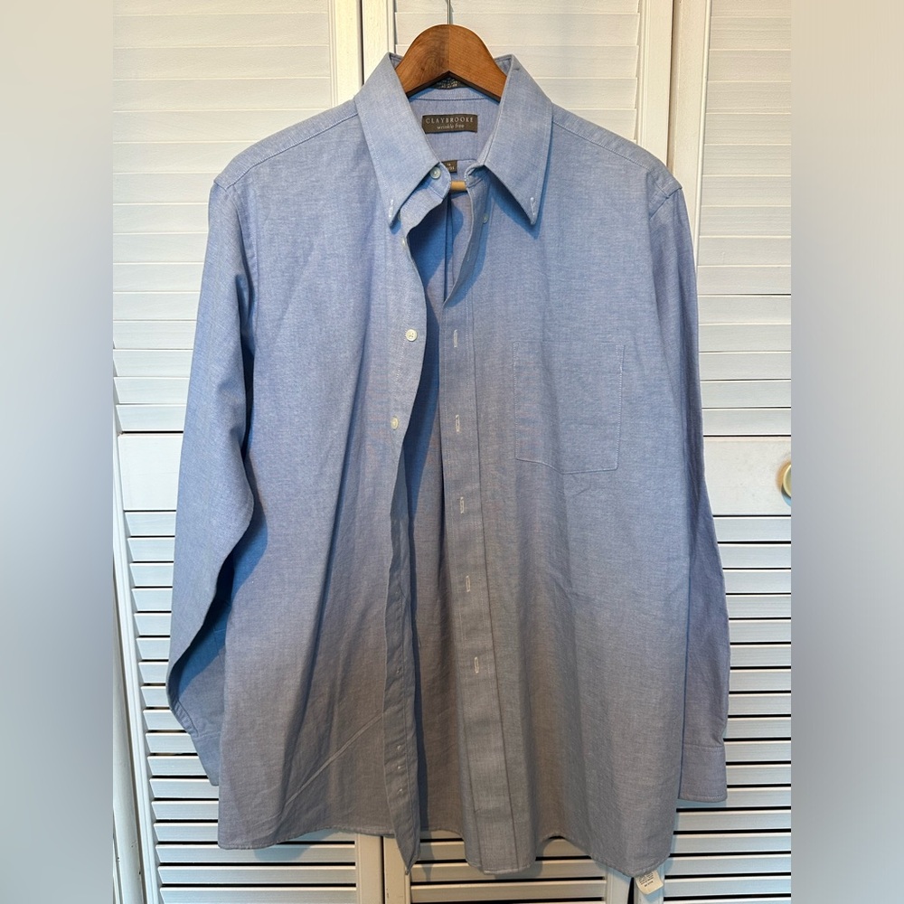 Solid blue, long sleeve button up, collared shirt. size 16 34/35.